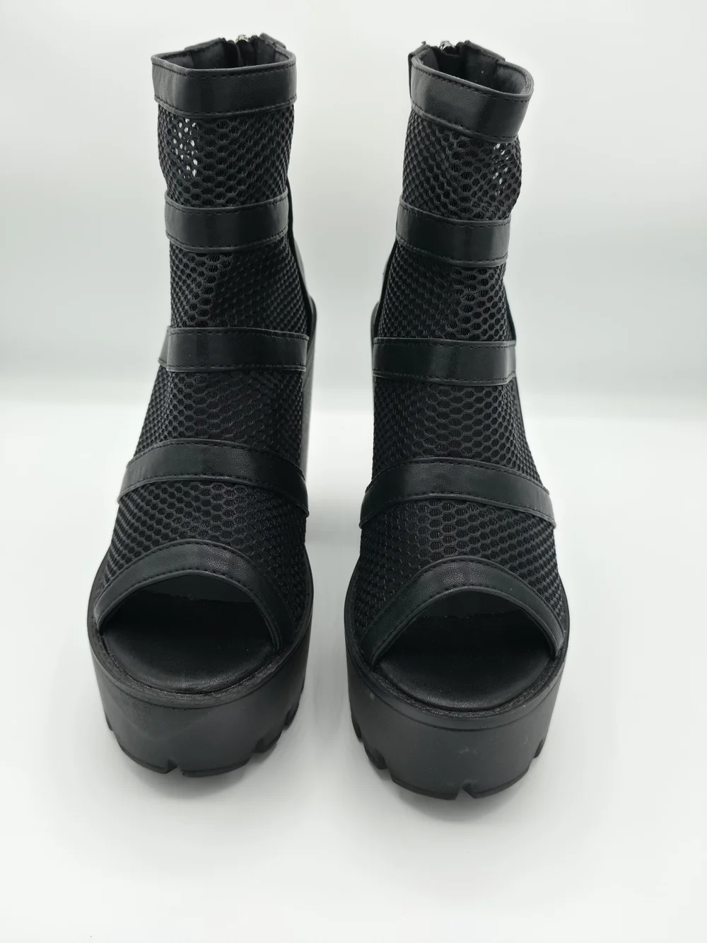 Black Mesh Platform Peep-Toe Heeled Boots
